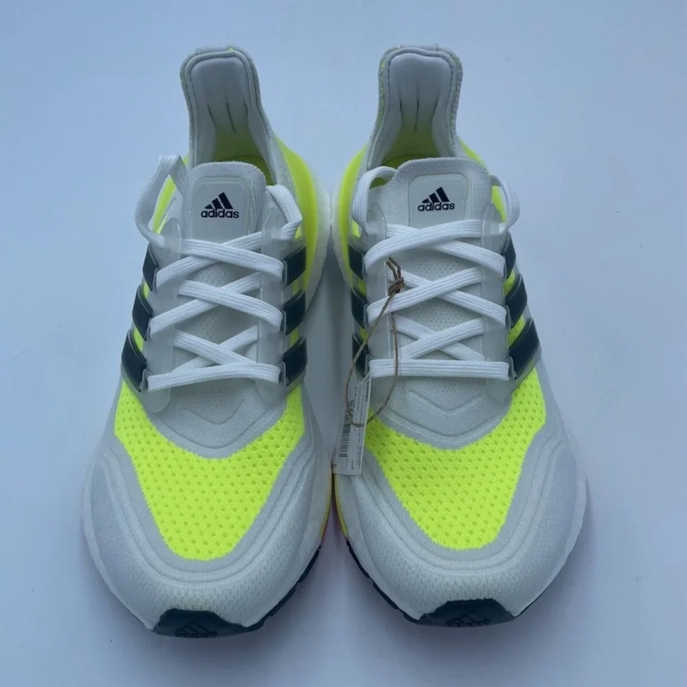 adidas Kids Neon Yellow White Running Sneakers with Black Stripes